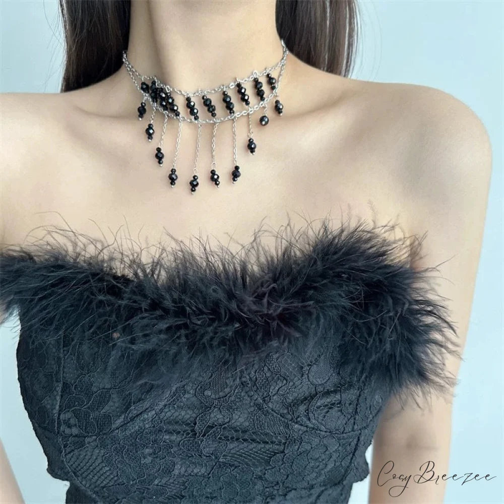 Gothic Tassel Cross Pendant Crystal Exaggerated Vintage Necklace BLACK