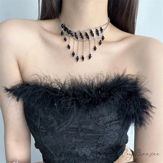 Gothic Tassel Cross Pendant Crystal Exaggerated Vintage Necklace BLACK