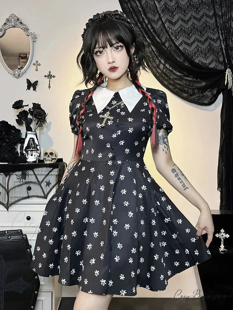 Gothic Turn Down Collar A-Line Punk Print Short Sleeve Swing Cloak Bodycon Dress Black / S