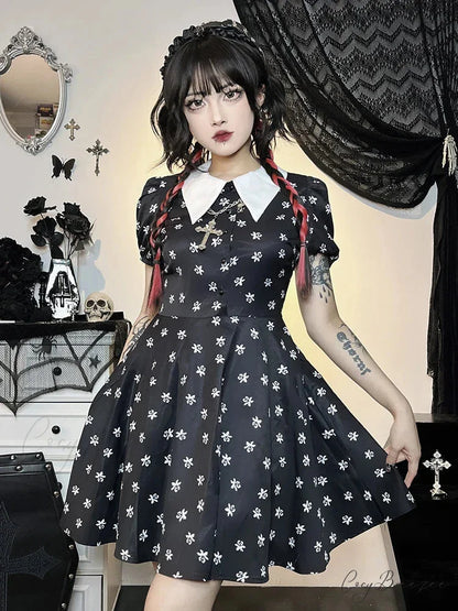 Gothic Turn Down Collar A-Line Punk Print Short Sleeve Swing Cloak Bodycon Dress Black / S