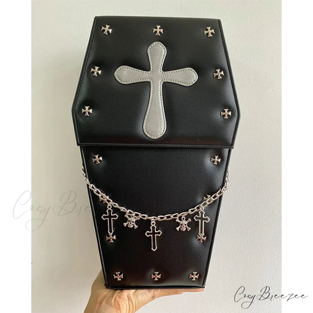 Gothic Vampire Coffin Shape Punk Lolita School Crossbody Halloween Bag cross black / 21X9X35