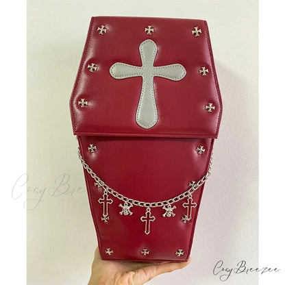 Gothic Vampire Coffin Shape Punk Lolita School Crossbody Halloween Bag cross wine / 21X9X35