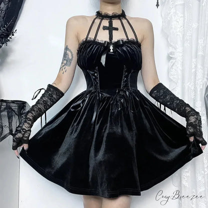 Gothic Velvet Criss-Cross Halter Vintage Draped Lace Sleeveless Bodycon Backless A-Line Dress