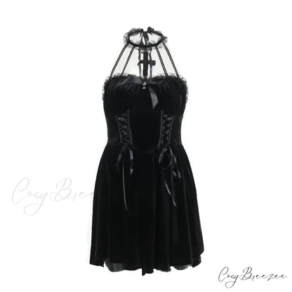Gothic Velvet Criss-Cross Halter Vintage Draped Lace Sleeveless Bodycon Backless A-Line Dress