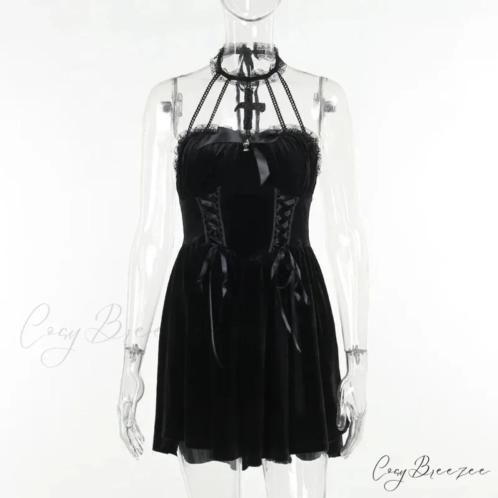 Gothic Velvet Criss-Cross Halter Vintage Draped Lace Sleeveless Bodycon Backless A-Line Dress Black / M