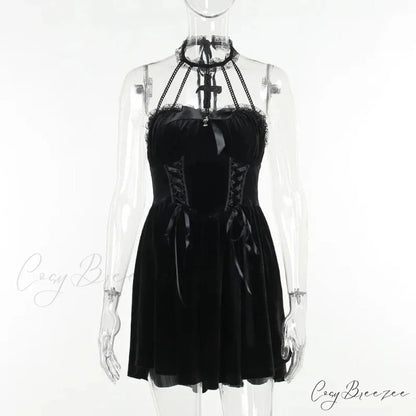 Gothic Velvet Criss-Cross Halter Vintage Draped Lace Sleeveless Bodycon Backless A-Line Dress Black / M