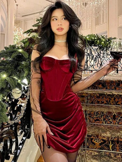 Gothic Velvet Sleeveless Lolita Emo Grunge Punk Sexy Elegant Clubwear Mini Dress Red / XS