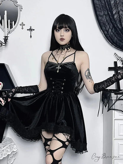 Gothic Velvet Vintage Spaghetti Strap Lace Up Bodycon Cami Romantic Casual Dress Black / S