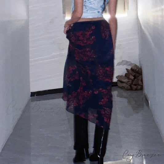 Gothic Vintage Elegant Flower Summer Fall Casual Skirt NAVY BLUE / S skirt-250126