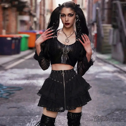 Gothic Vintage High Waist Zipper Front Japanese Kawaii Black Cosplay Skirt