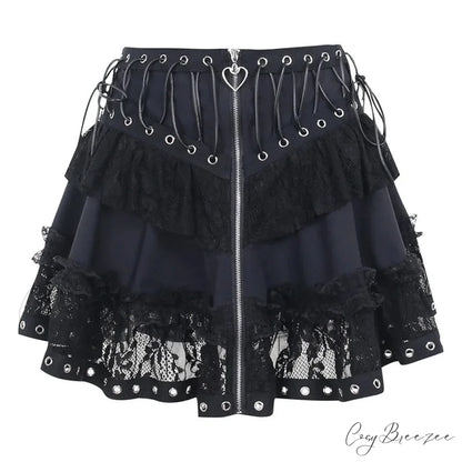 Gothic Vintage High Waist Zipper Front Japanese Kawaii Black Cosplay Skirt BLACK / S