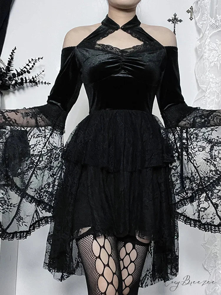 Gothic Vintage Off Shoulder Lace Cocktail Party Velvet Mesh Long Sleeves Halloween Cosplay Dress Black / S