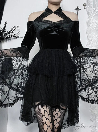 Gothic Vintage Off Shoulder Lace Cocktail Party Velvet Mesh Long Sleeves Halloween Cosplay Dress Black / S