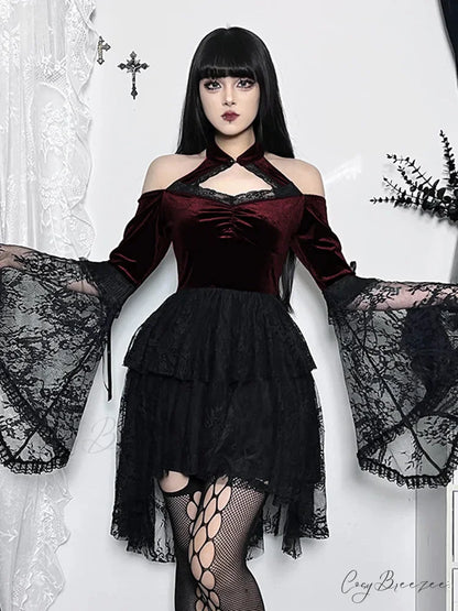 Gothic Vintage Off Shoulder Lace Cocktail Party Velvet Mesh Long Sleeves Halloween Cosplay Dress Claret / S