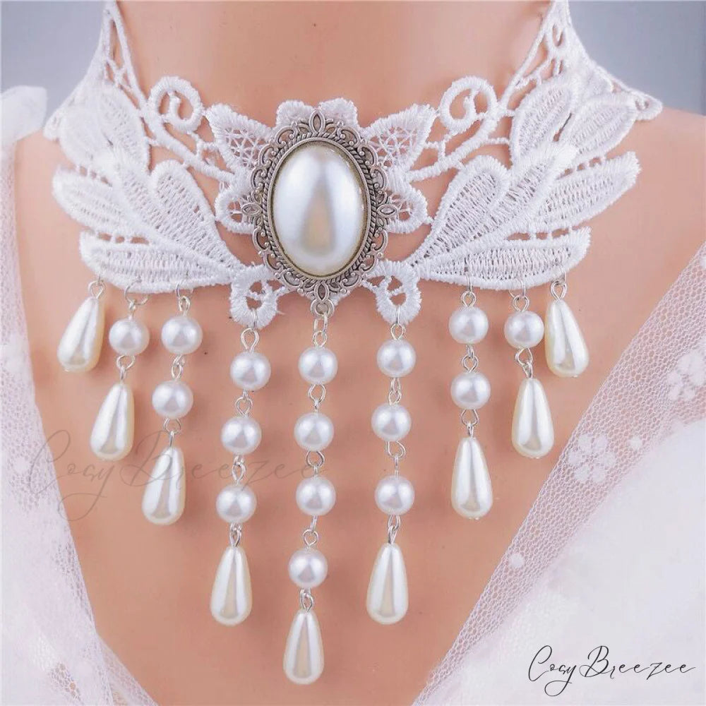 Gothic Vintage Rose Choker Pearl Necklace WHITE