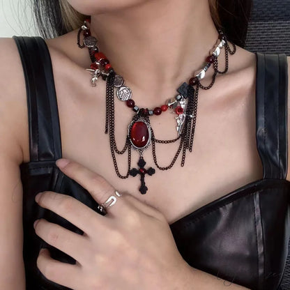 Gothic Wrapped Flower Cross Pendant Unique Necklace RED