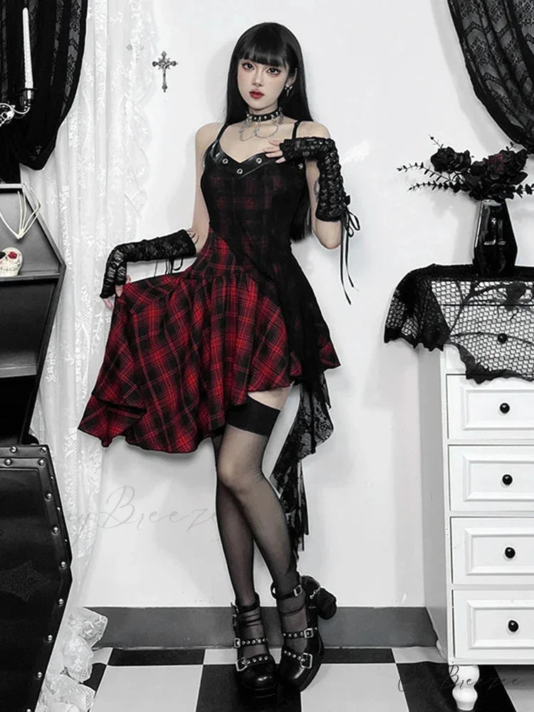 Gothic Y2K Irregular Red Plaid Lace Vintage Backless Patchwork Party Club Dress Red Plaid / XS