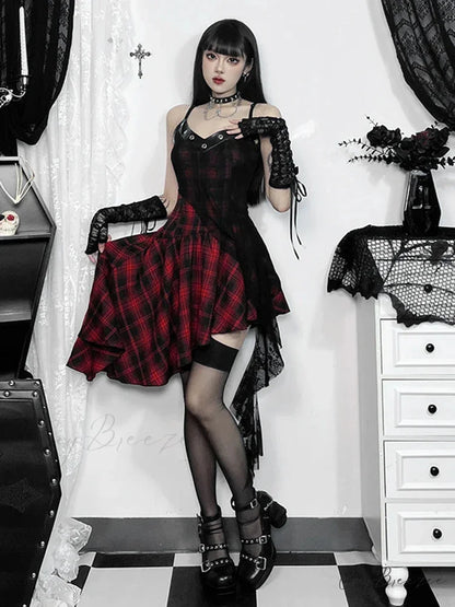 Gothic Y2K Irregular Red Plaid Lace Vintage Backless Patchwork Party Club Dress Red Plaid / XS