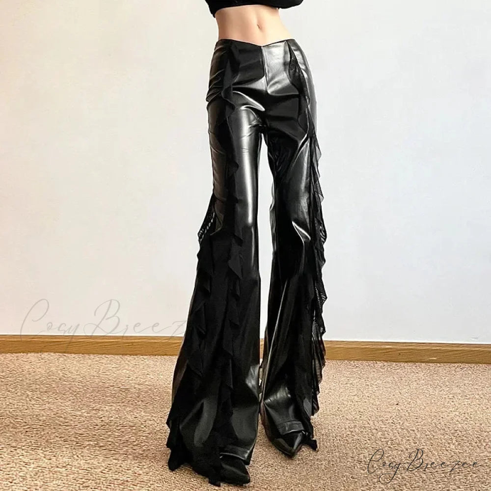 Gothic Zip Women Casual Flare Pants Faux PU Mesh Pants Black / S