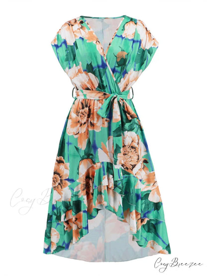Gown Flowered for Front Wrap Design Midi Women