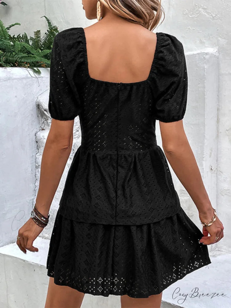 Gown for Boxy Cake French Solid Sleeves Color Layered Neck Puff Retro Tunic Women