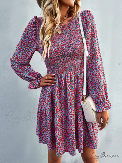 Gown Neck and for Spring A-Line Flowered Skirt Round Long-Sleeved - Summer