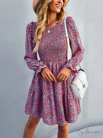 Gown Neck and for Spring A-Line Flowered Skirt Round Long-Sleeved - Summer
