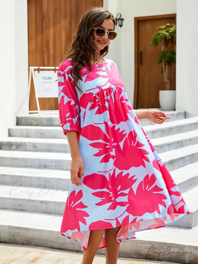 Gown Printing Round Loose Woven for Neck Women