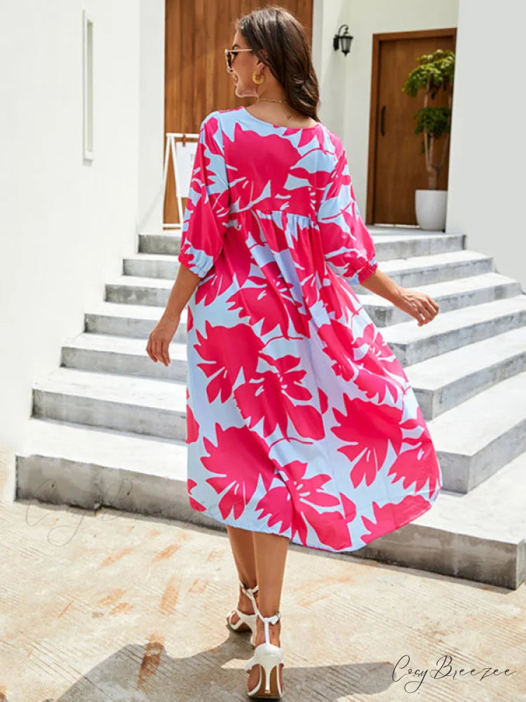 Gown Printing Round Loose Woven for Neck Women