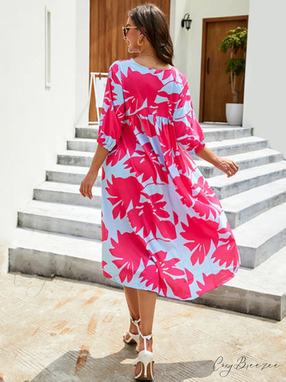 Gown Printing Round Loose Woven for Neck Women