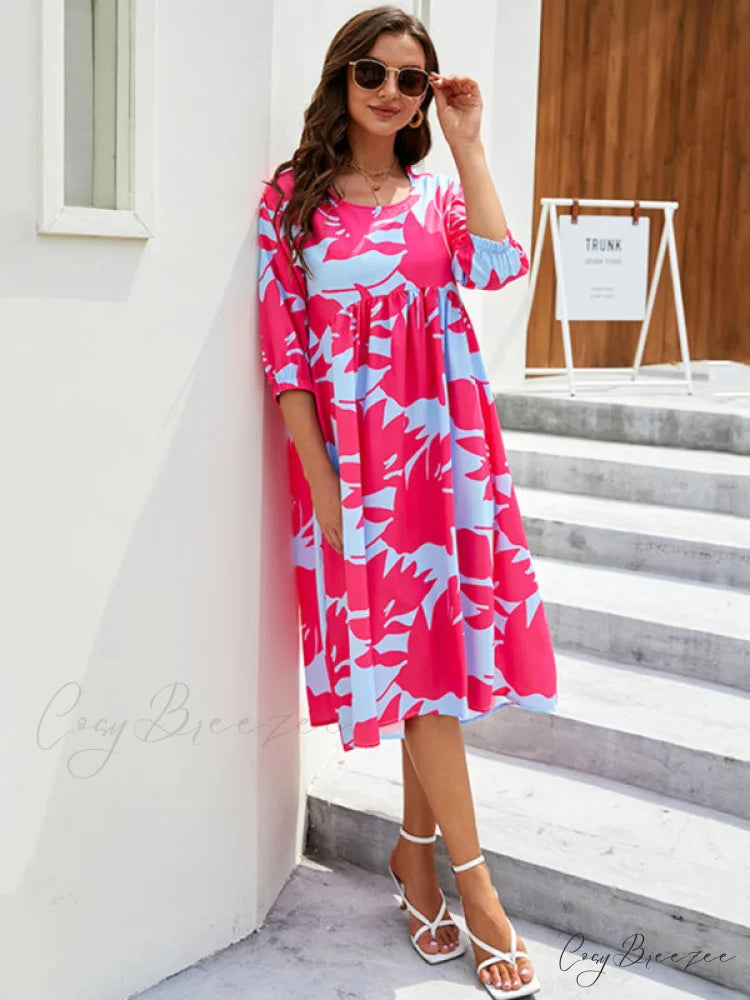 Gown Printing Round Loose Woven for Neck Women