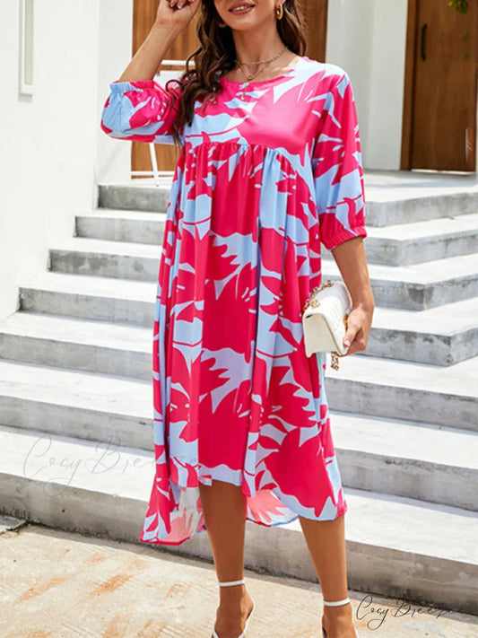 Gown Printing Round Loose Woven for Neck Women Rose / S