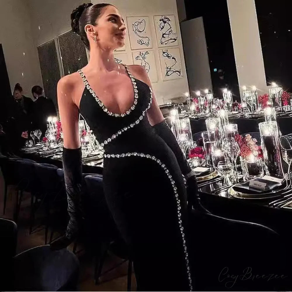 Graceful Long Glitter Mesh Halter Formal Dress black / XS promdress-250223