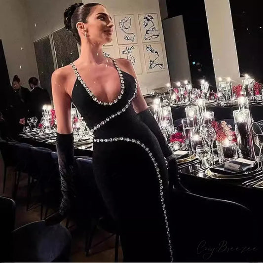 Graceful Long Glitter Mesh Halter Formal Dress black / XS promdress-250223