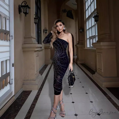 Graceful One-Shoulder Crystal Slimming Dress Formal Dress promdress-250223