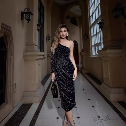 Graceful One-Shoulder Crystal Slimming Dress Formal Dress promdress-250223