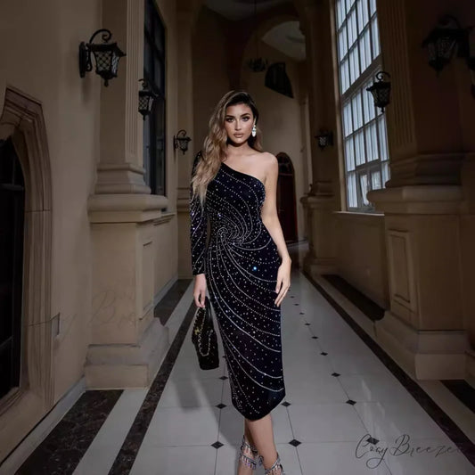 Graceful One-Shoulder Crystal Slimming Dress Formal Dress promdress-250223