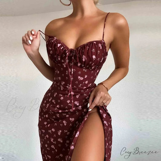 Graceful Spaghetti Strap V-Neck Flower Print Dress Red / S floraldress-250126