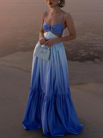 Gradient Color Print Cutout Graceful Waist Tiered Maxi Dress Blue / S