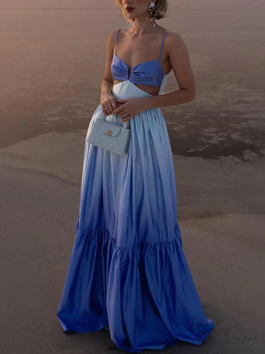Gradient Color Print Cutout Graceful Waist Tiered Maxi Dress Blue / S