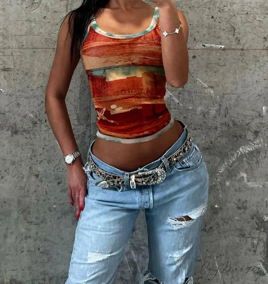 Gradient Print O-Neck Crop Top Red / S croptop-250223