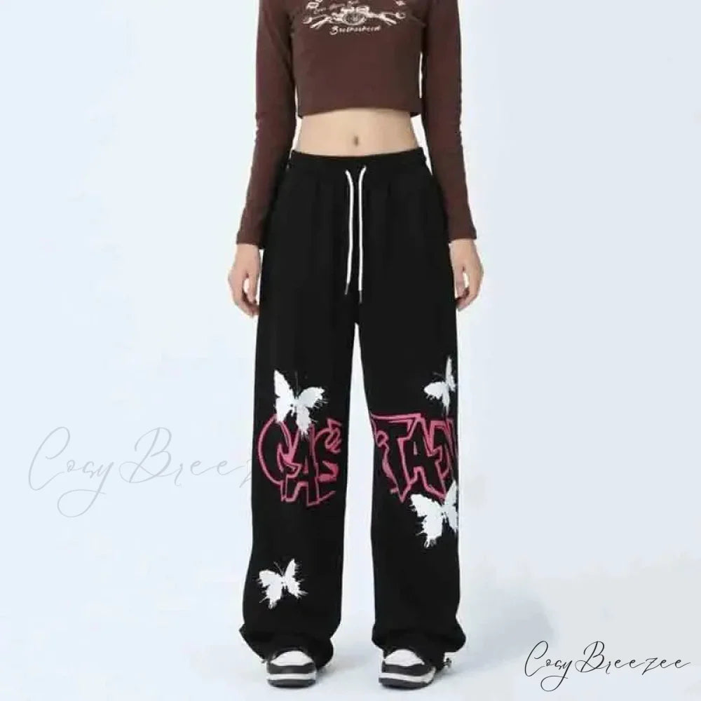 Graffiti Butterfly Print Hip Hop Pants Black / S pants-241228