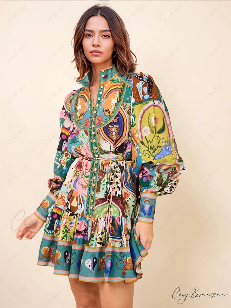 Graffiti Casual Evergreen Charming Printing Mini Dress Multicolor / S