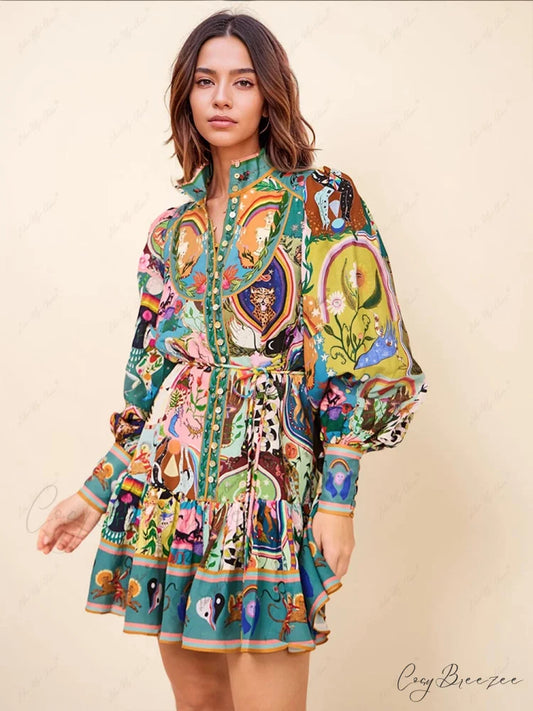 Graffiti Casual Evergreen Charming Printing Mini Dress Multicolor / S