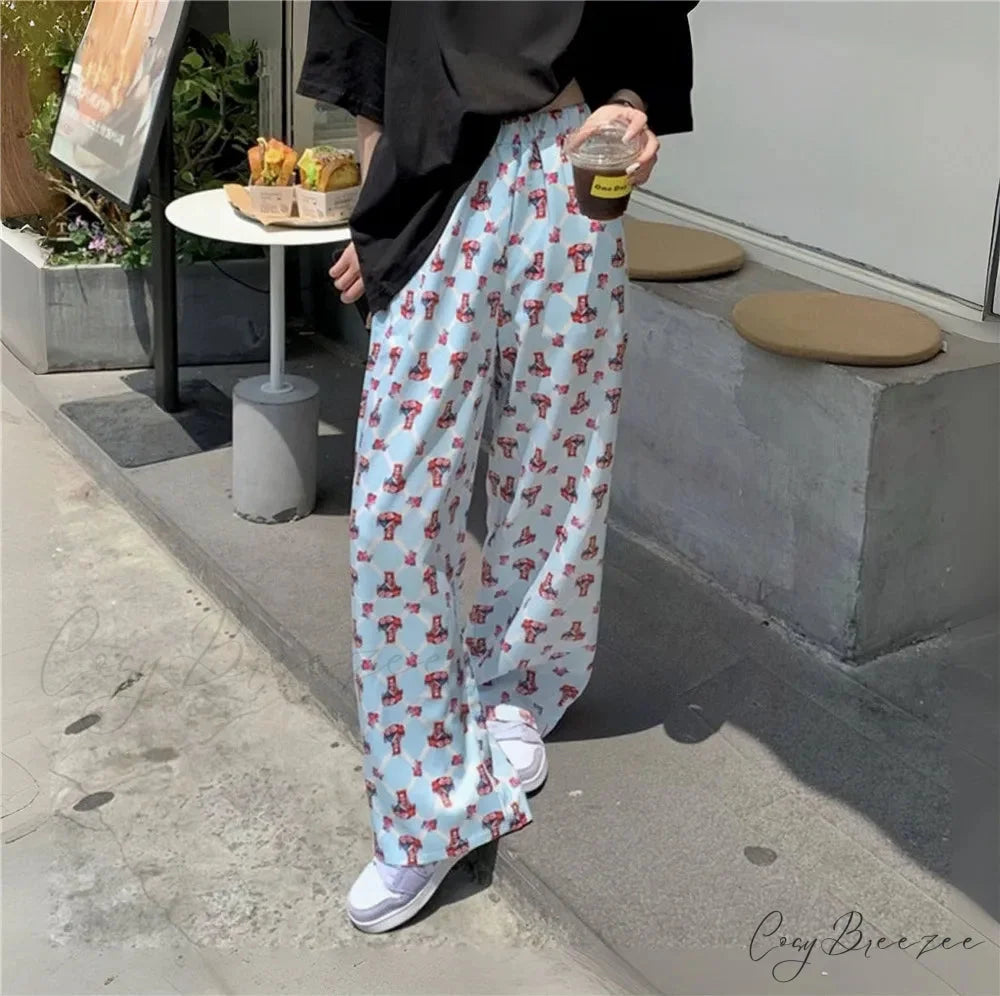 Graffiti Pattern Spacious Stretchy Elevated-Waist Pant Blue / S pant-250223