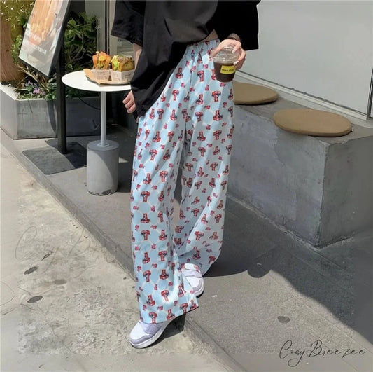 Graffiti Pattern Spacious Stretchy Elevated-Waist Pant Blue / S pant-250223