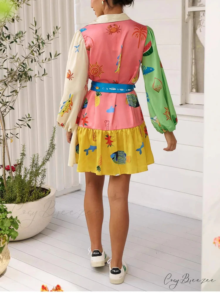 Graffiti Print Lace-Up Cardigan Loose Trendy Short Dress With Wide Hem