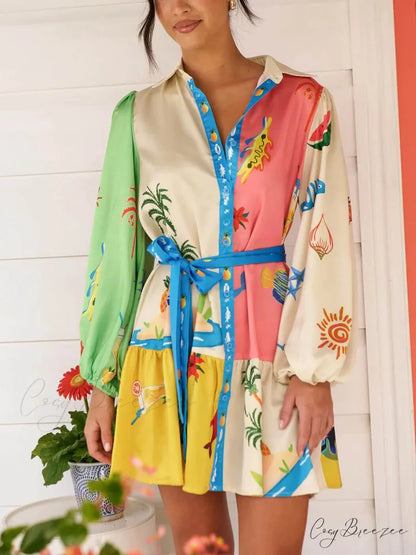 Graffiti Print Lace-Up Cardigan Loose Trendy Short Dress With Wide Hem Multi-Color / S