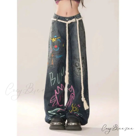 Graffiti Vintage High Waist Jeans Pants Blue / S pants-241228