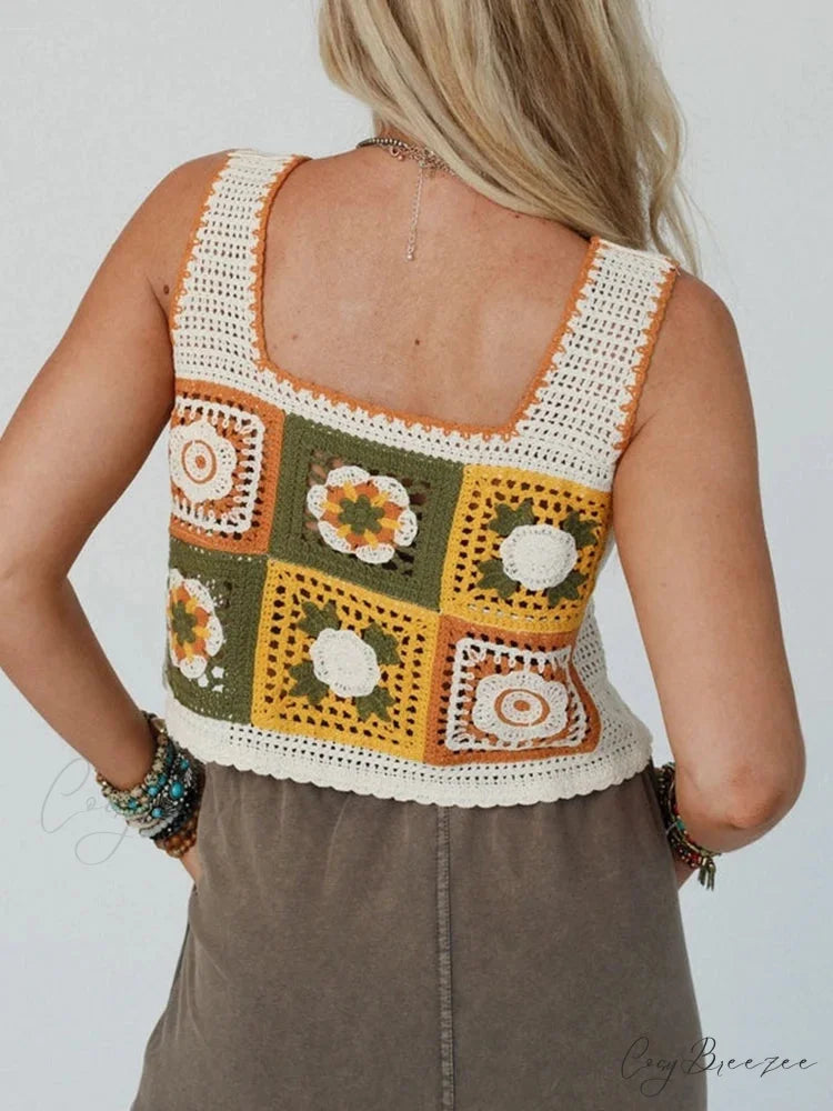 Granny Square Crochet Floral Embroidery Cami Top Yellow / One Size croptop-250126